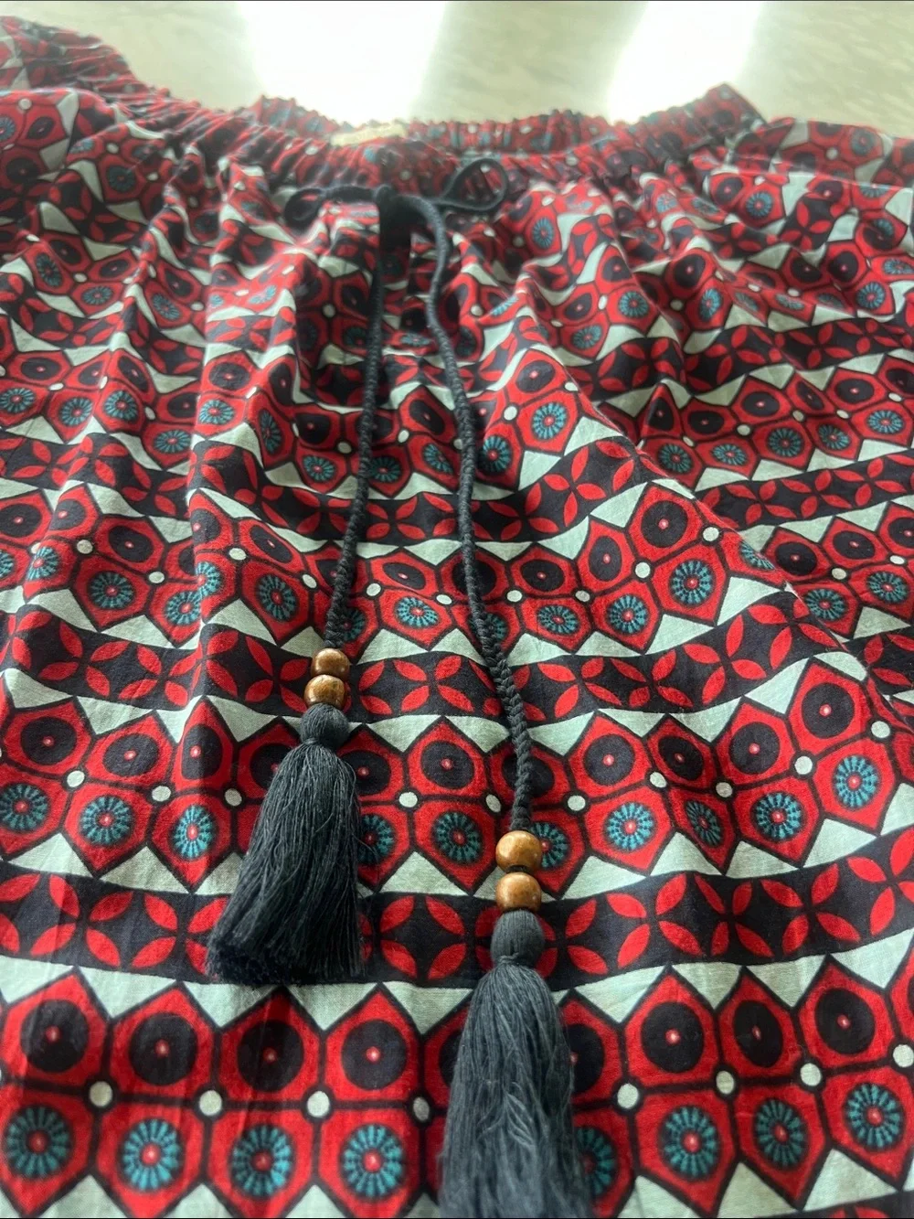 Talitha Off-Shoulder Red Patterned Boho Peasant Top